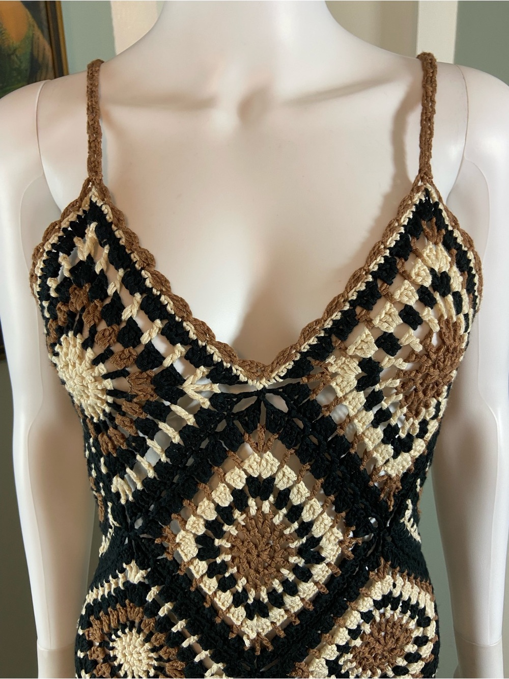 Elan Crochet Aleki Granny Square Fringe Slip Maxi Dress Sheer Coverup Small [TE] - Picture 8 of 13